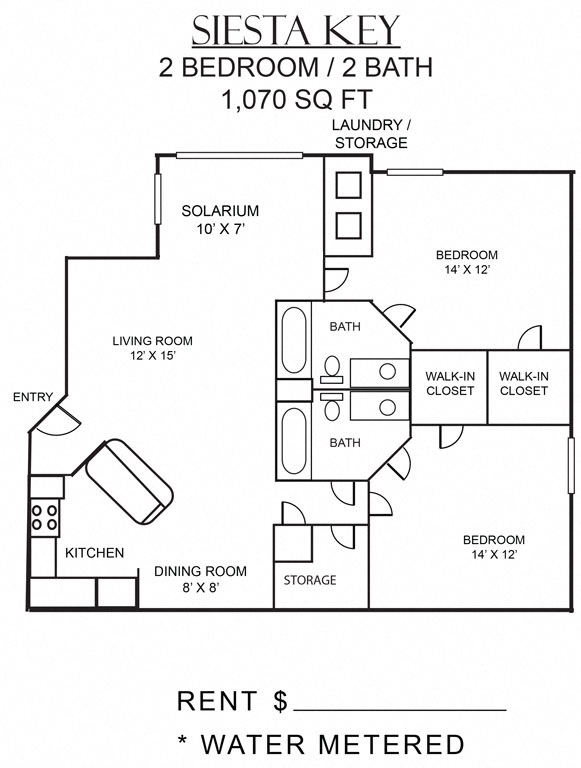 Floor plan for 2 beds, 2 baths, 1070 sqft